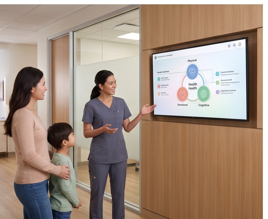 A pediatrician reviewing whole-child care with a child and family